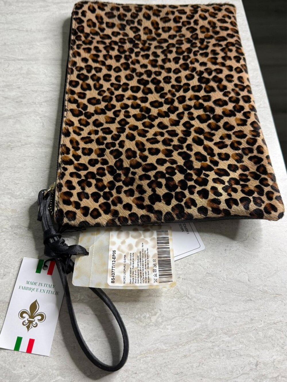 Marlon Natural Leather leopard print Calf hair Wristlet Clutch Bag Zipper NWT